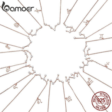 BAMOER Real 925 Sterling Silver Crystal Taurus Capricorn Scorpio Twelve Constellation Pendant Necklaces Women Wedding Jewelry