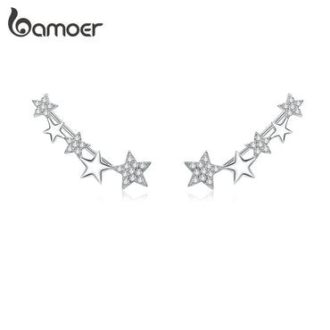 bamoer Shining Star Long Stud Earrings for Women 925 Sterling Silver Zirconia Statement Jewelry Boucles Brincos Bijoux BSE351