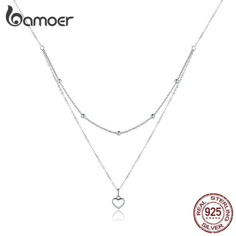 bamoer Genuine 925 Sterling Silver Heart Pendant Necklace for Women Silver Double Layers Female Necklaces Fine Jewelry BSN168