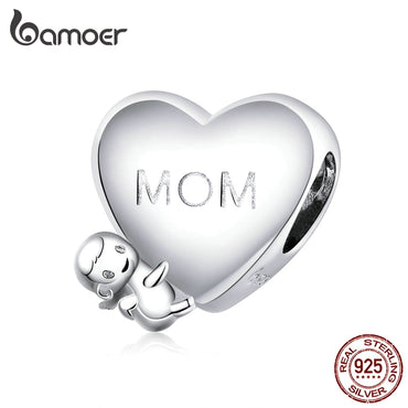 bamoer Mother's Day Baby with Mon Heart Shape Charm 925 Sterling Silver Metal Beads for Women Jewelry Making DIY BSC218
