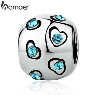 BAMOER Silver Color Blue Crystal Heart Beads Exquisite Bead Charms Fit Bangles & Bracelets Original Jewelry Accessories PA5320