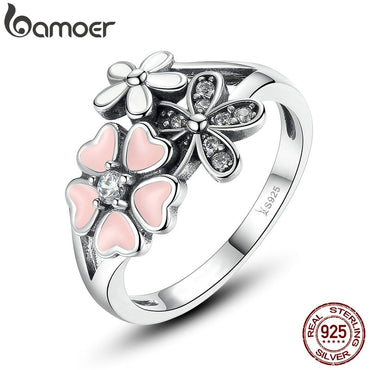 BAMOER Fashion 925 Sterling Silver Pink Flower Poetic Daisy Cherry Blossom Finger Ring for Women #6 7 8 9 Size Jewelry SCR004