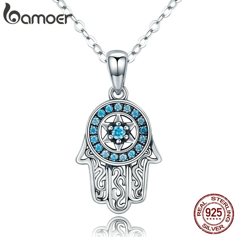 BAMOER Genuine 925 Sterling Silver Trendy Fatima's Guarding Hand Pendant Necklaces Women Fine Silver Jewelry Gift SCN264