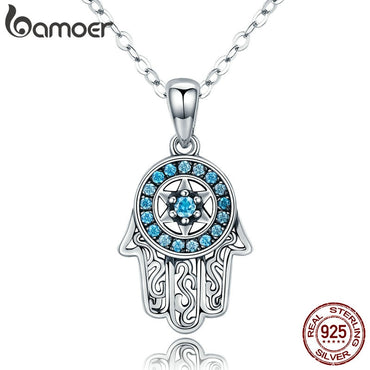 BAMOER Genuine 925 Sterling Silver Trendy Fatima's Guarding Hand Pendant Necklaces Women Fine Silver Jewelry Gift SCN264