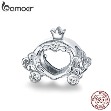 bamoer S925 Silver Wedding Day Pumpkin Car Metal Charm fit Original Snake Bracelet Crown with Heart Beads Jewelry Making BSC270