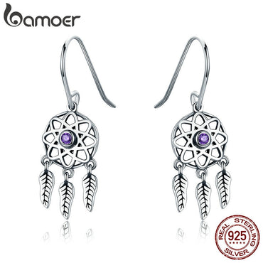 BAMOER Genuine 100% 925 Sterling Silver Dream Catcher Holder Drop Earrings for Women Sterling Silver Jewelry Gift SCE394