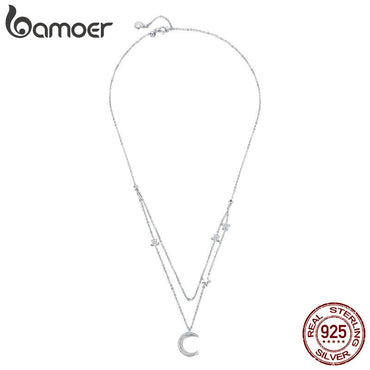 BAMOER Genuine 925 Sterling Silver Moon & Star Double Layers Chain Pendants Necklaces for Women Sterling Silver Jewelry BSN038