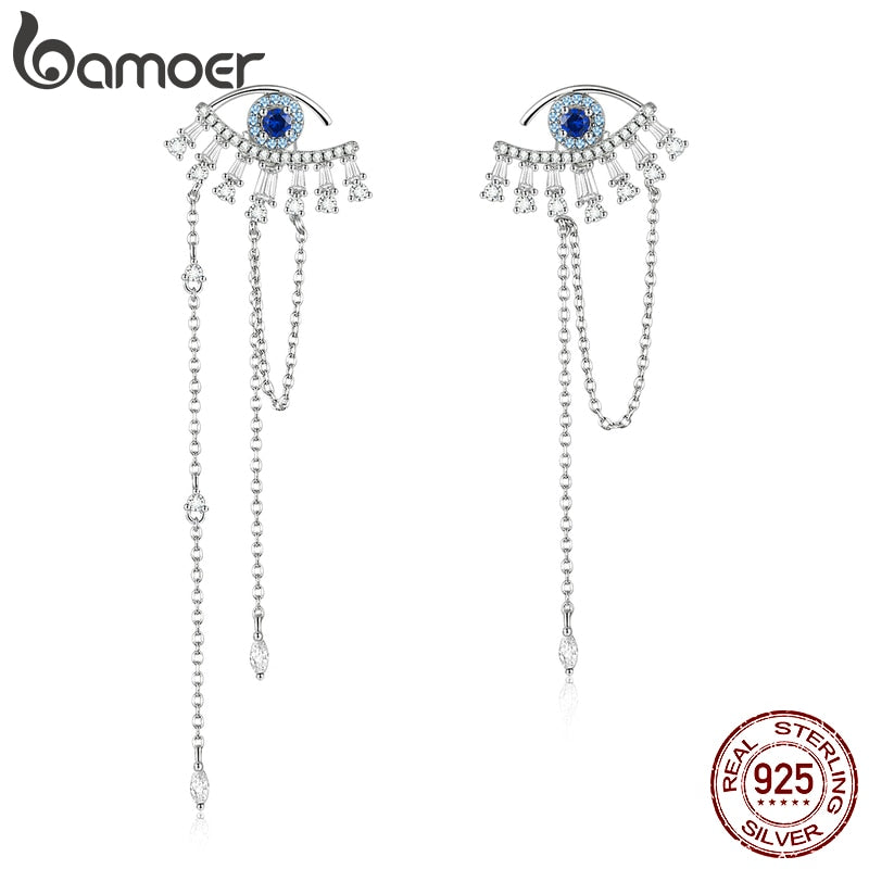 bamoer Blue Luckey Eyes Long Tassel Drop Earrings for Women 925 Sterling Silver Statement Engagement Jewelry Female BSE334