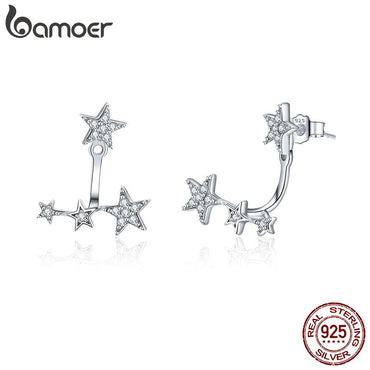 BAMOER Authentic 925 Sterling Silver Clear CZ Luminous Ear Jackets Earrings for Women Silver 925 Women Girl Gifts Jewelry SCE448