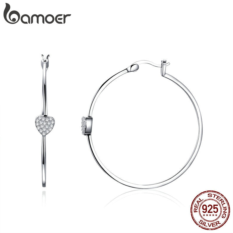 BAMOER Authentic 925 Sterling Silver Big Circle Love Heart Shape Clear CZ Drop Earrings for Women Wedding Silver Jewelry SCE518