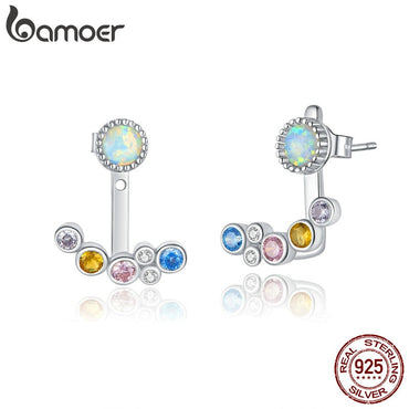 bamoer Silver 925 Jewelry White Opal Joyería Colorful Bubble Ear Jacket Earrings for Women Hypoallergenic Wedding Jewelry BSE392