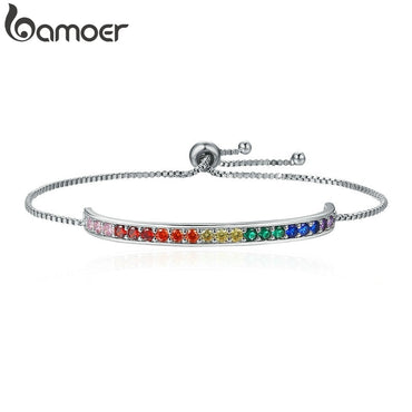 BAMOER New Collection Silver Color Rainbow Crystal Stamp Chain Link Bracelet Lace up Bracelets for Women Jewelry YIB036