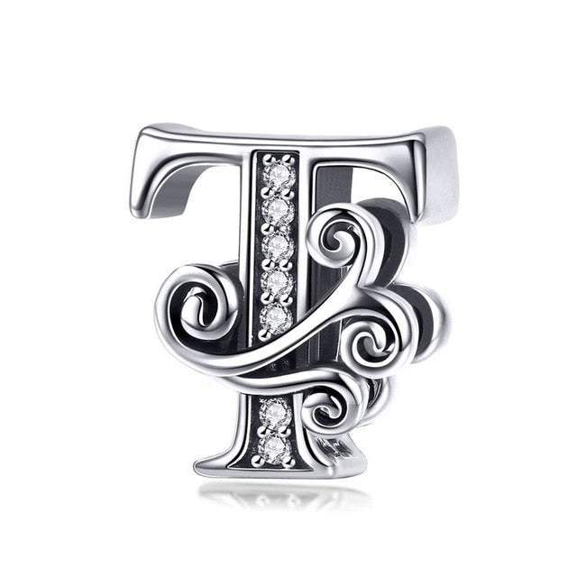 BAMOER 2019 NEW 925 Sterling Silver Vintage A to Z Clear CZ 26 Letter Alphabet Bead Charms Fit Bracelets DIY Jewelry BSC030