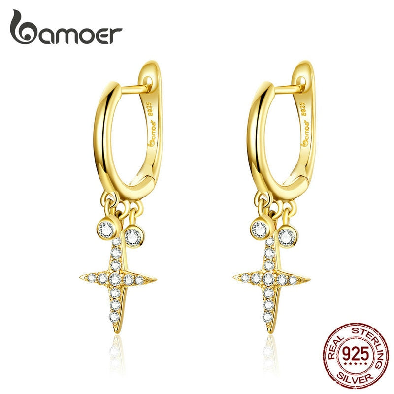 bamoer Gold Color Cross Drop Earrings with Charm Women Fashion Jewelry 925 Sterling Silver Brincos Gifts Accessories BSE230
