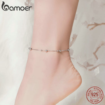bamoer Minimalist Round Beads Anklet Sterling Silver Chian Bracelet for Leg Female Foot Jewelry For Women Leg Chain SCT005