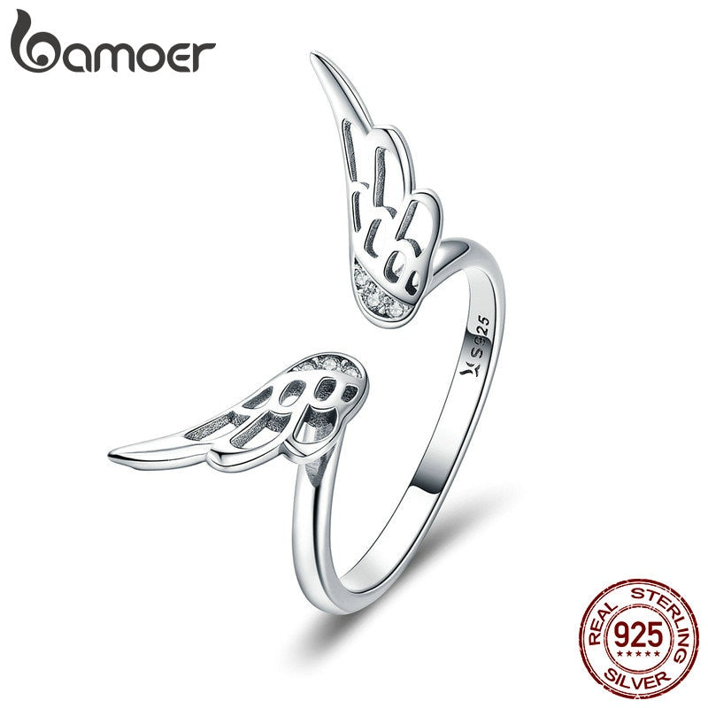 BAMOER Authentic 925 Sterling Silver Classic Feathers Wings Adjustable Finger Rings for Women Wedding Engagement Jewelry SCR457