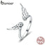 BAMOER Authentic 925 Sterling Silver Classic Feathers Wings Adjustable Finger Rings for Women Wedding Engagement Jewelry SCR457