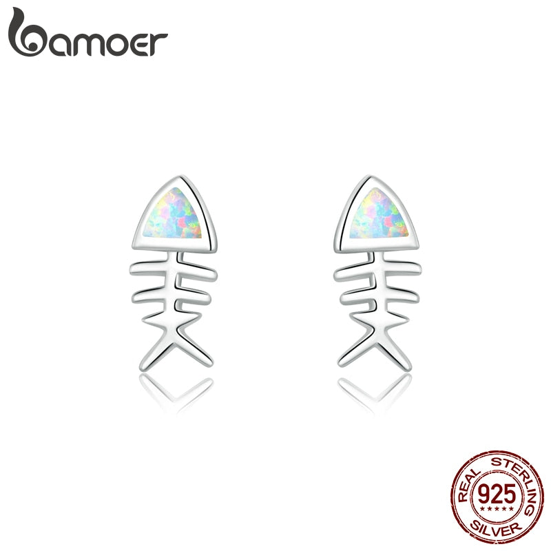 bamoer Opal Jewelry genuine 925 Sterling Silver Fish Bone Stud Earrings for Girl Kids Silver 925 Jewelry Gifts SCE857