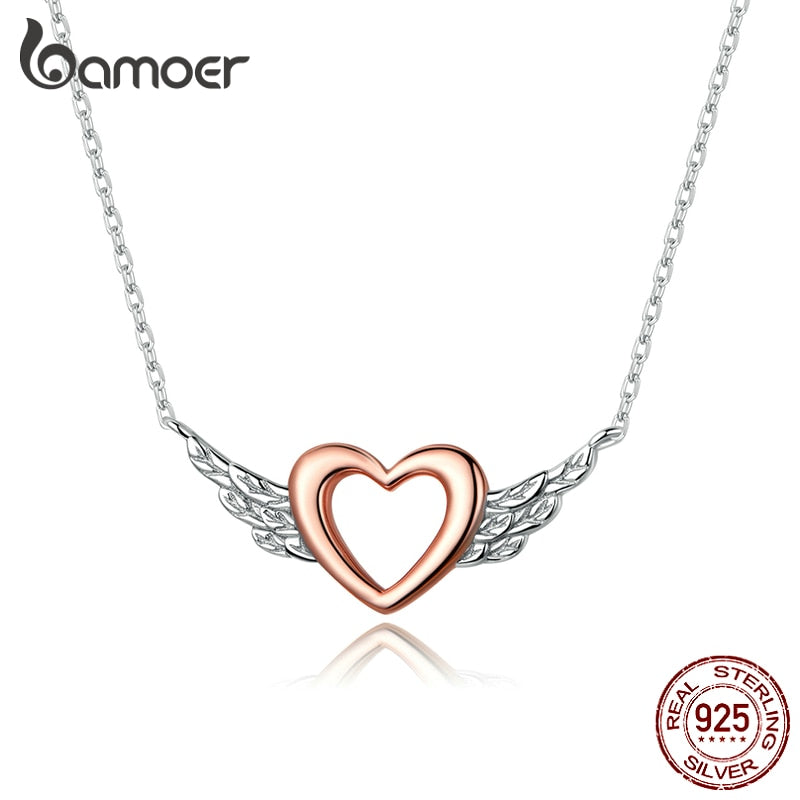 bamoer Silver 925 Heart with Wings Minimalist Simple Chain Necklace for Women Rose Gold Color Jewelry Bijoux 2020 Collar BSN162