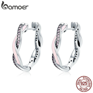 BAMOER Authentic 100% 925 Sterling Silver Pink & Clear CZ Twist Of Fate Hoop Earrings for Women Fashion Earrings Jewelry SCE297