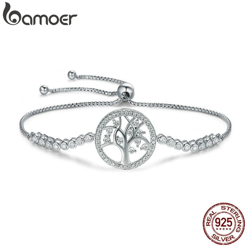 BAMOER Hot Sale 100% 925 Sterling Silver Tree of Life Tennis Bracelet Women Adjustable Link Chain Bracelet Silver Jewelry SCB035