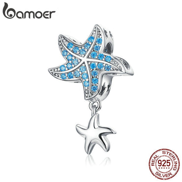 bamoer Authentic 925 Sterling Silver Blue CZ Starfish Pendant Charm fit for Women Original Silver Bracelet Jewelry DIY BSC252