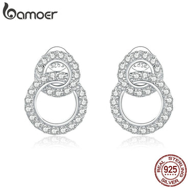 bamoer Double  Circle Stud Earrings for Women 925 Sterling Silver Ear Pins Wedding Engagemetn Statement Jewelry Brincos BSE388