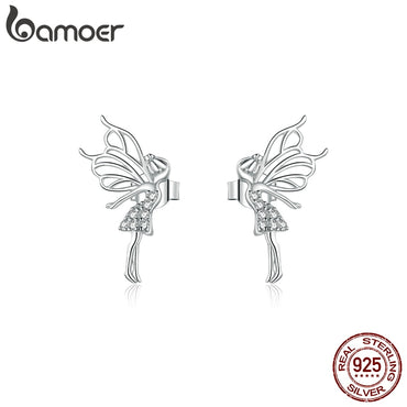 bamoer Silver 925 Jewelry Dancing Fairy with Wings Stud Earrings for Women Hypoallergenic Ear Pins Gifts for Kids BSE338