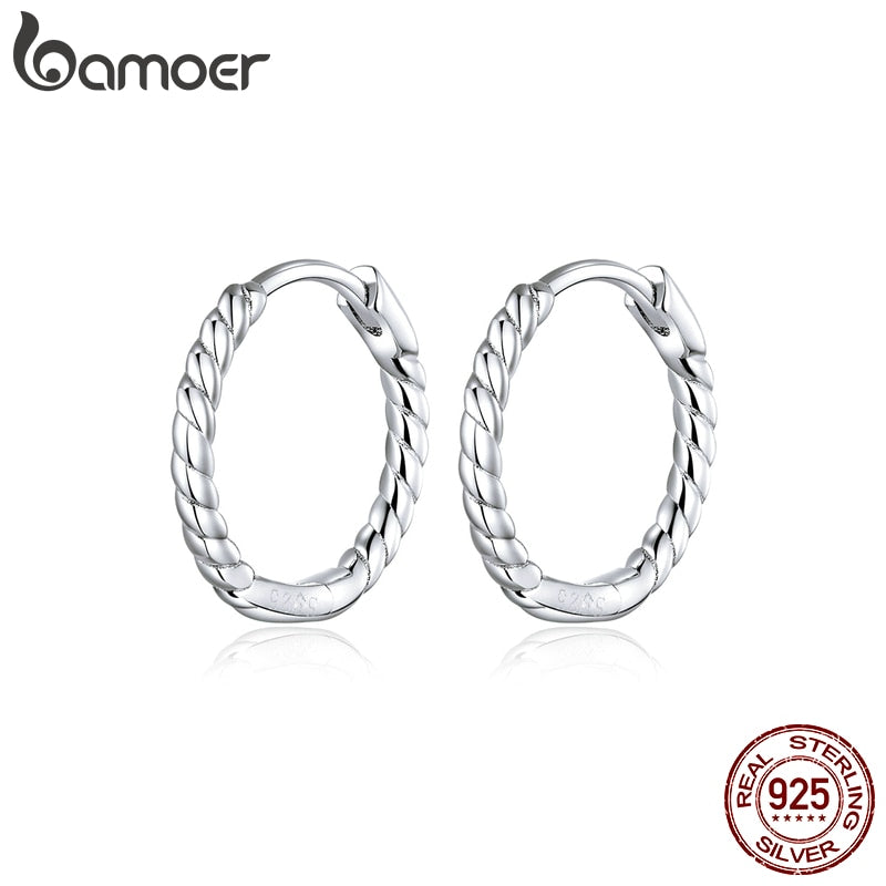 bamoer Minimalist Design Hoop Earrings for Women 925 Sterling Silver Weaving Geometric Design Fashion Jewelry Bijoux SCE841
