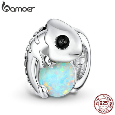bamoer Chameleon Metal Beads for Women Jewelry Making White Opal 925 Sterling Silver Charm fit Original Silver Bracelet BSC254
