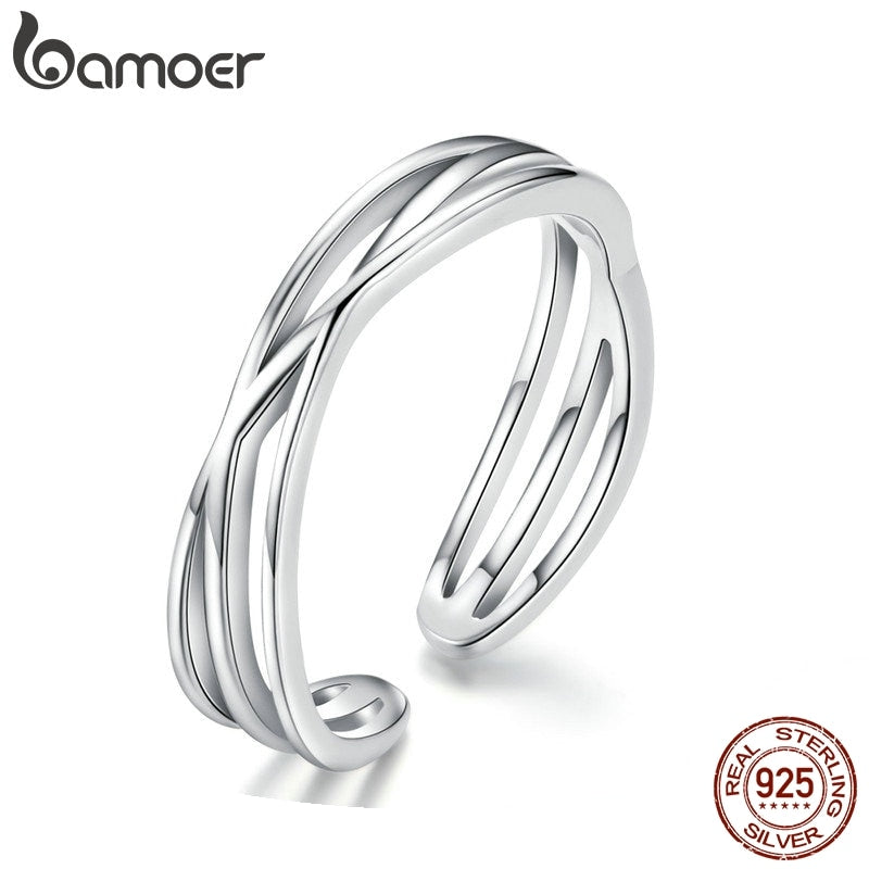 BAMOER Authentic 925 Sterling Silver Geometric Twisted Wave Open Size Finger Rings Women Wedding Engagement Jewelry SCR483