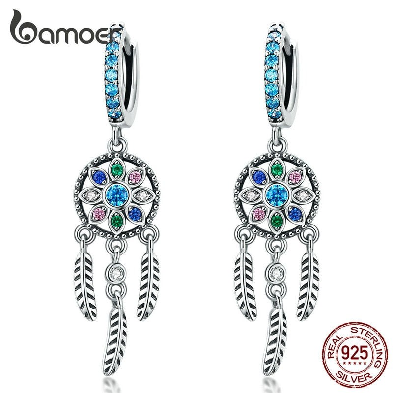 bamoer Bohemia Dream Catcher Hanging Drop Earrings for Women Boho Style 925 Sterling Silver Fashion Jewelry Gifts SCE713
