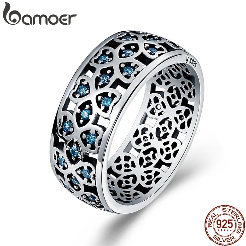 BAMOER 100% 925 Sterling Silver Petals of Love Sweet Clover Blue CZ Finger Rings for Women Engagement Jewelry S925 Gift SCR064