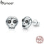 BAMOER Genuine 925 Sterling Silver Skull Skeleton Stud Earrings for Women Black Clear CZ Sterling Silver Jewelry Brincos SCE064