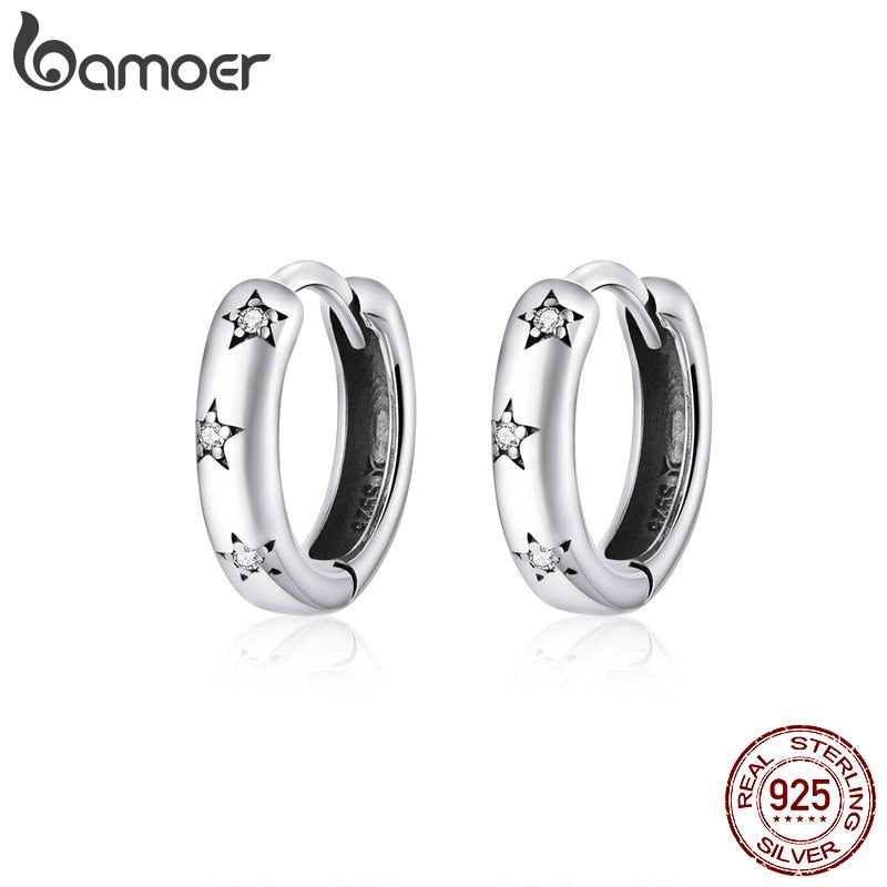 bamoer Silver 925 Jewelry Spraking Star Minimalist Ear Hoops Earrings for Women Sterling Silver Fine Jewelry Pendientes SCE873