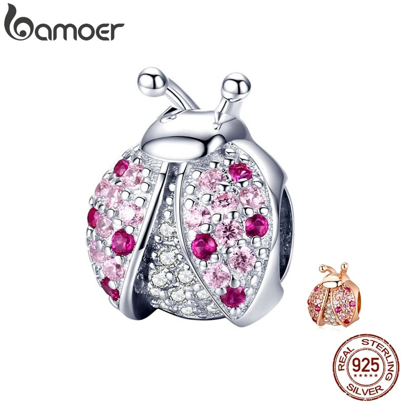 BAMOER New Arrival 925 Sterling Silver Ladybug Pink Cubic Zircon Insect Charms Beads fit for Bracelets DIY Jewelry SCC1120