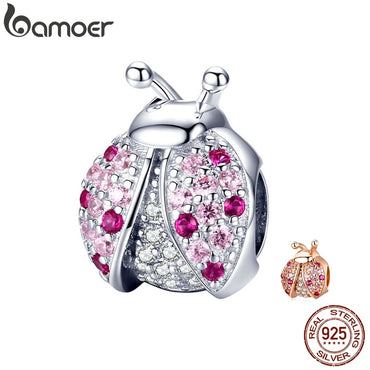 BAMOER New Arrival 925 Sterling Silver Ladybug Pink Cubic Zircon Insect Charms Beads fit for Bracelets DIY Jewelry SCC1120