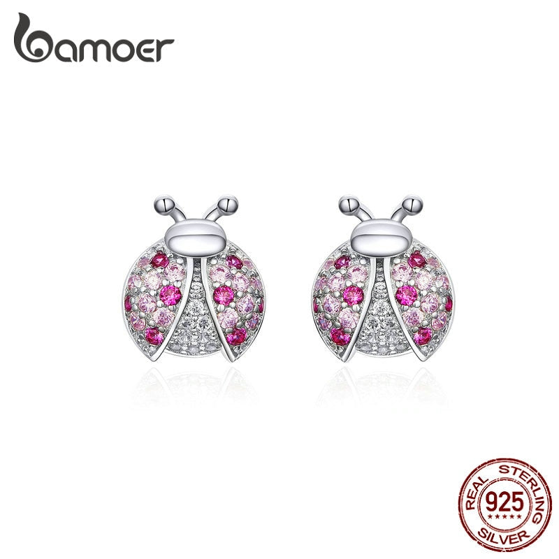 bamoer Pink Romantic Laybug Stud Earrings for Women 925 Sterling Silver Tiny Earrings for Girl Gfits Original Design SCE715