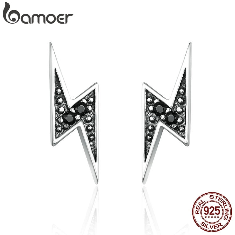 BAMOER New Arrival 100% 925 Sterling Silver Exquisite Lightning & Black CZ Stud Earrings for Women Fine Jewelry Brincos SCE156