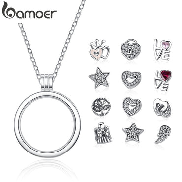 BAMOER Genuine 925 Sterling Silver Medium Petite Memories Floating Locket Necklaces & Pendants Sterling Silver Jewelry PSF001