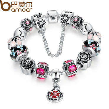 BAMOER Silver Color Original Glass Bead Bracelet for Women With Safety Chain & Crystal Fashion Jewelry 18CM 20CM 21CM PA1836