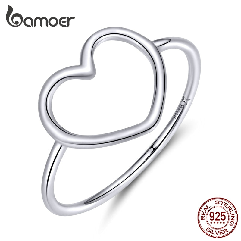 bamoer Sterling Silver 925 Simple Minimalist Heart Finger Rings for Women Wedding Engagement Statement Jewelry SCR641