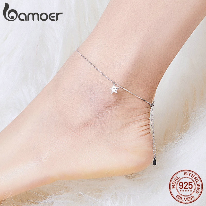 bamoer Simple Design Star Silver Anklet for Women Sterling Silver 925 Bracelet for Ankle and Leg Fashion Foot Jewelry SCT009