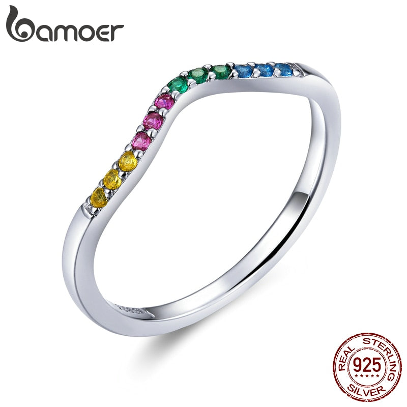 bamoer 100% Real 925 Sterling Silver Rainbow Wave Finger Rings for Women Colorful CZ Paved Engagement Wedding Jewelry SCR636