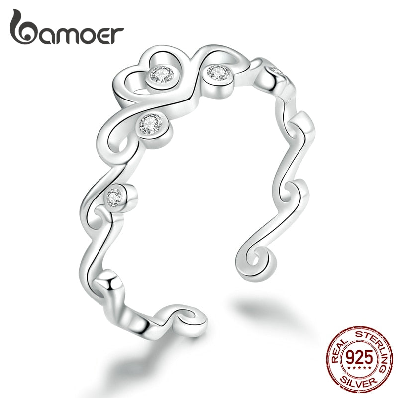 bamoer 925 Sterling Silver Heart Crown Adjustable Finger Rings for Women Vintage Wedding Engagement Statement Jewelry BSR105