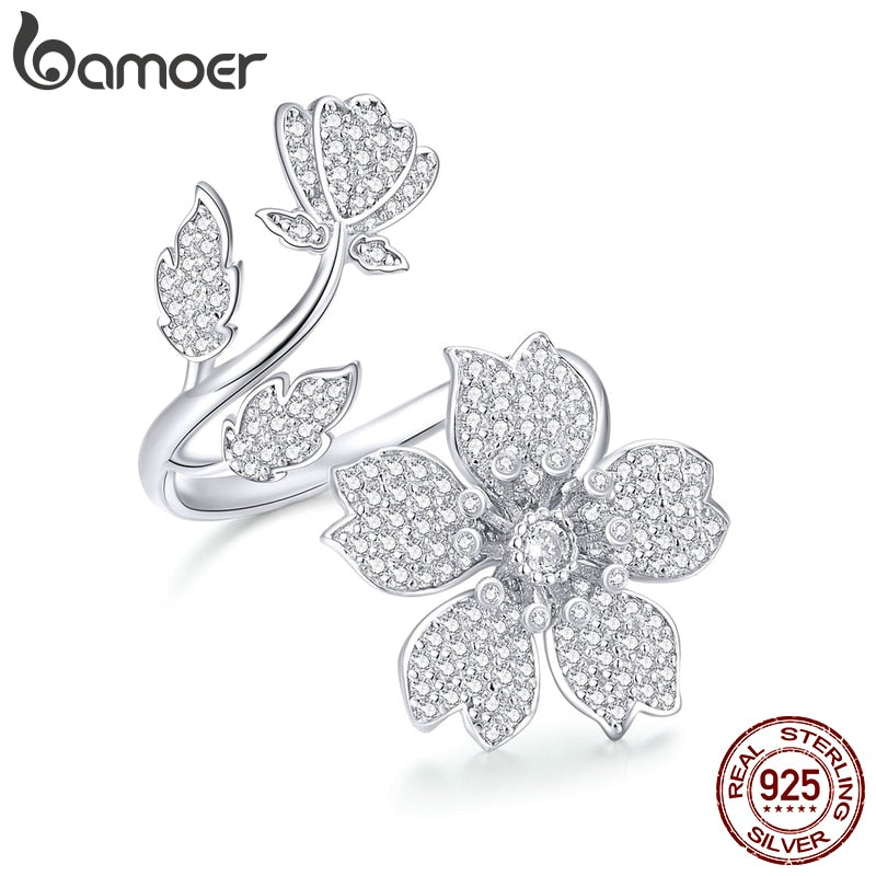 bamoer Spring Sakura Flower Open Free Size Finger Rings for Women 925 Sterling Silver Cocktail Luxury Brand Jewelry BSR076