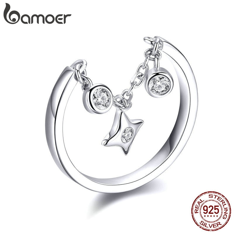 BAMOER Silver Rings 925 Stelring Silver Chain Ring for Women Clear CZ Star Ajudtable Rings 2019 New Female Jewelry Gifts SCR408