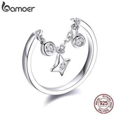 BAMOER Silver Rings 925 Stelring Silver Chain Ring for Women Clear CZ Star Ajudtable Rings 2019 New Female Jewelry Gifts SCR408