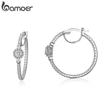 BAMOER New Arrival Silver Color Hyperbole Big Round Circle Clear CZ Cubic Zircon Stud Earrings for Women Jewelry YIE137