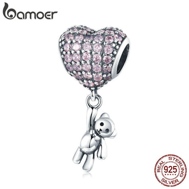 BAMOER Sweet 925 Sterling Silver Heart Bear Pink Cubic Zircon Beads Fit Charm Bracelets Charm Jewelry Valentines Gift SCC1054
